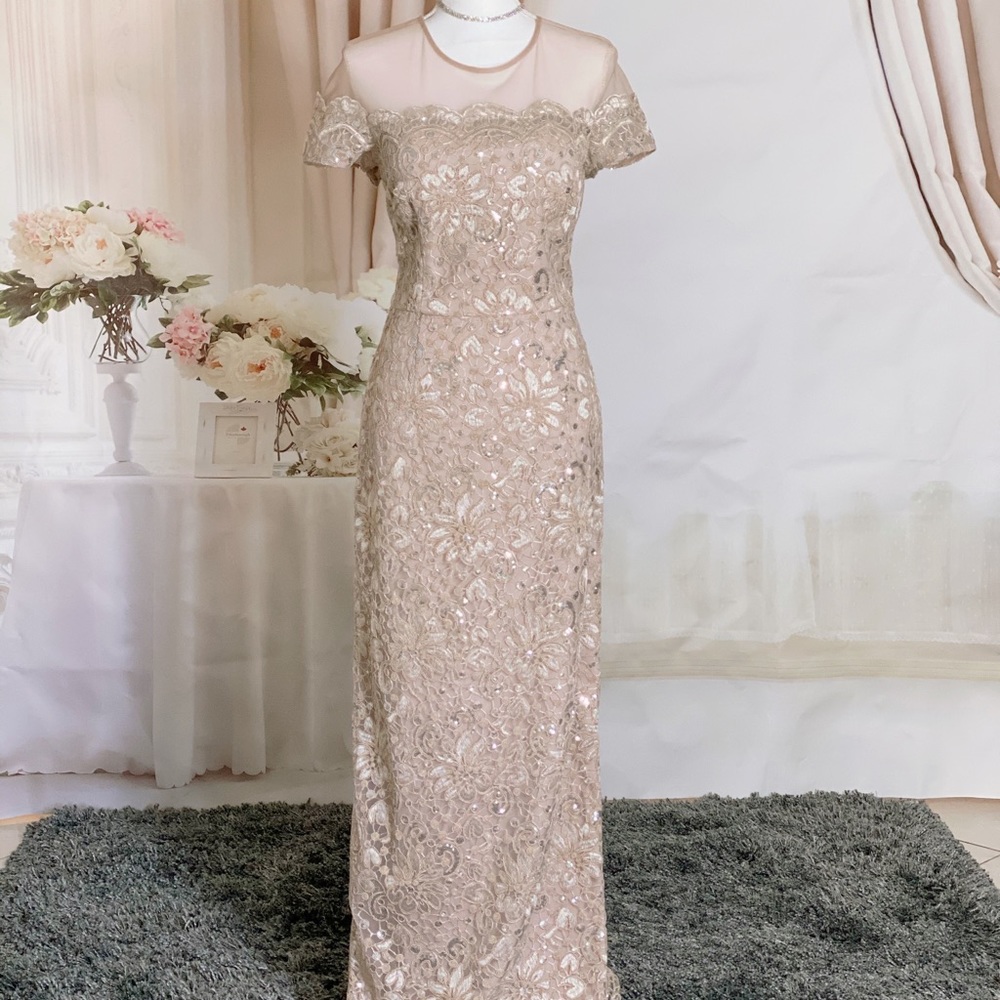 Champagne nude sequins lace nightgown formal dress